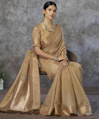 dark beige corron silk blend zari woven saree with blouse piece 3