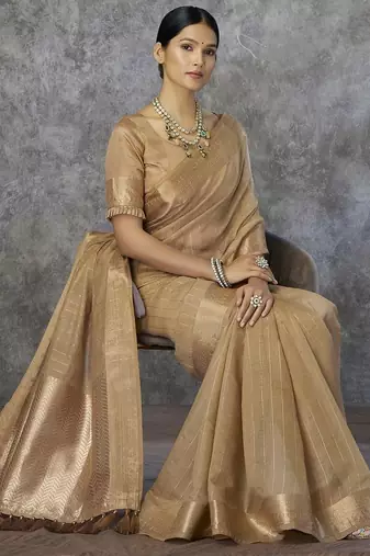 dark beige corron silk blend zari woven saree with blouse piece