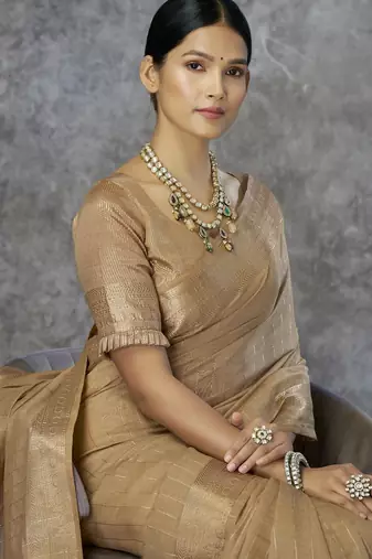 dark beige corron silk blend zari woven saree with blouse piece
