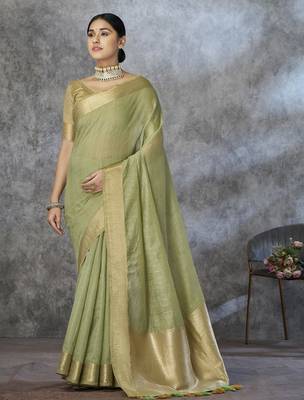 green corron silk blend zari woven saree with blouse piece 1