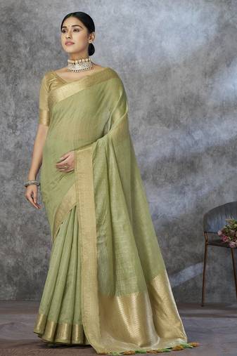 green corron silk blend zari woven saree with blouse piece