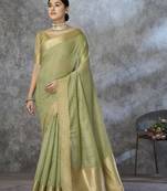 green corron silk blend zari woven saree with blouse piece