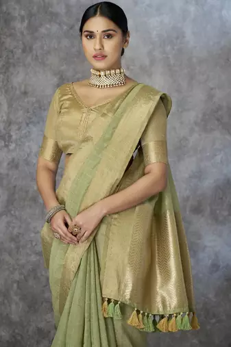 green corron silk blend zari woven saree with blouse piece