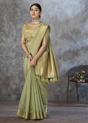 green corron silk blend zari woven saree with blouse piece 3