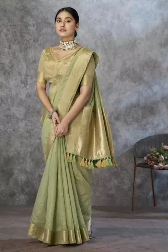 green corron silk blend zari woven saree with blouse piece