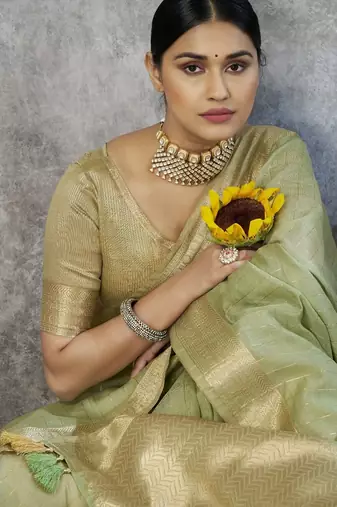 green corron silk blend zari woven saree with blouse piece