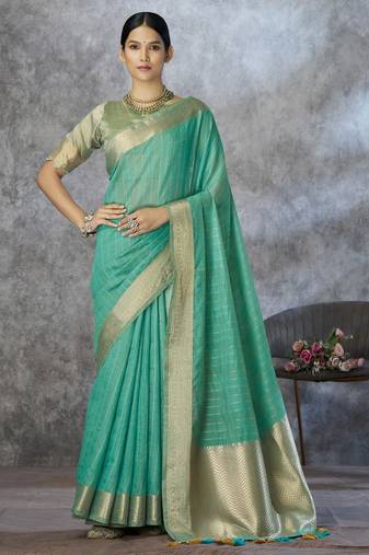 mint corron silk blend zari woven saree with blouse piece