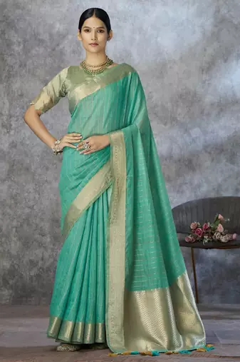 mint corron silk blend zari woven saree with blouse piece