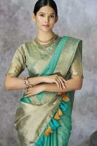 mint corron silk blend zari woven saree with blouse piece