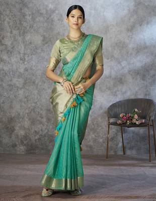 mint corron silk blend zari woven saree with blouse piece 3