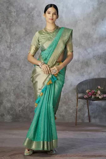 mint corron silk blend zari woven saree with blouse piece