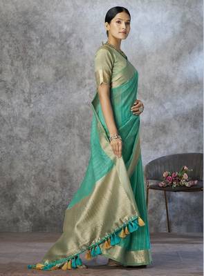 mint corron silk blend zari woven saree with blouse piece 4