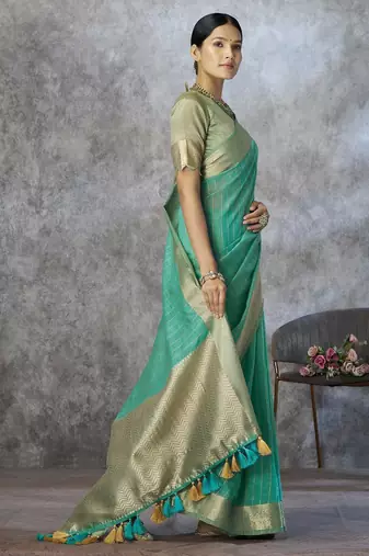 mint corron silk blend zari woven saree with blouse piece