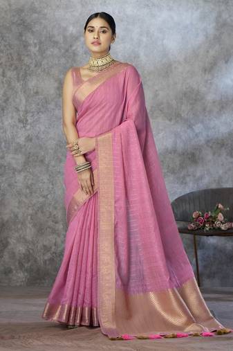 pink corron silk blend zari woven saree with blouse piece