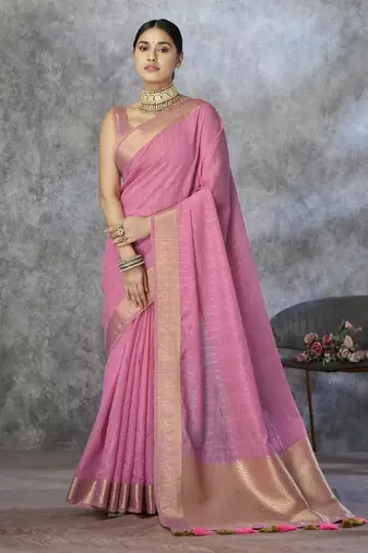 pink corron silk blend zari woven saree with blouse piece