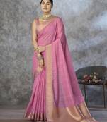 pink corron silk blend zari woven saree with blouse piece