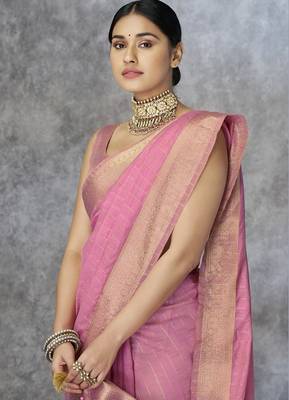 pink corron silk blend zari woven saree with blouse piece 2