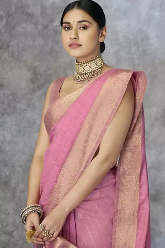 pink corron silk blend zari woven saree with blouse piece
