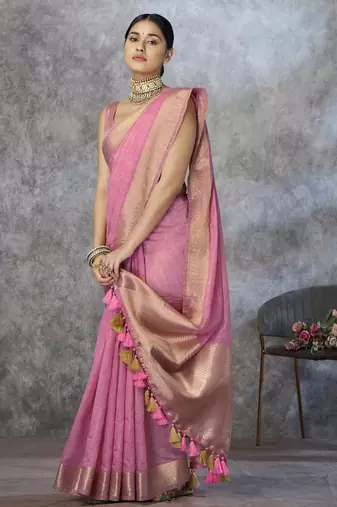 pink corron silk blend zari woven saree with blouse piece