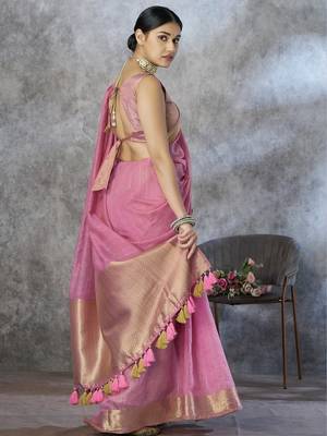 pink corron silk blend zari woven saree with blouse piece 4