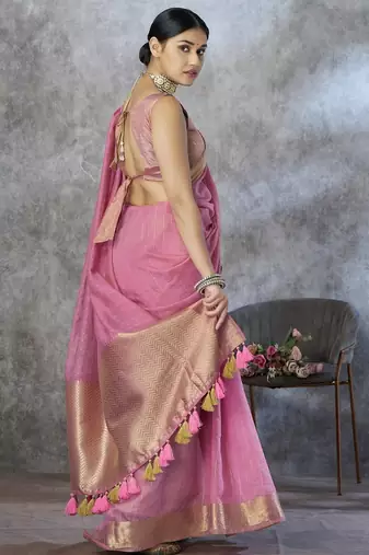pink corron silk blend zari woven saree with blouse piece