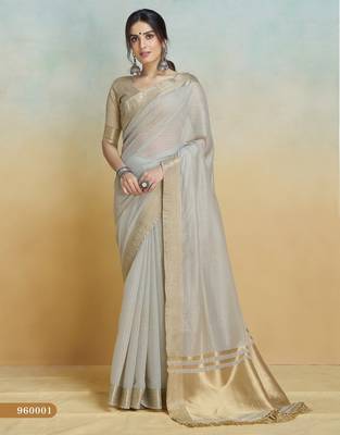 grey handloom khadi silk blend zari woven saree with blouse piece 1