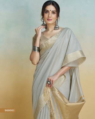 grey handloom khadi silk blend zari woven saree with blouse piece 2