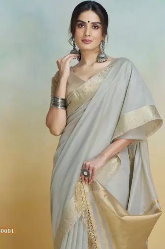 grey handloom khadi silk blend zari woven saree with blouse piece