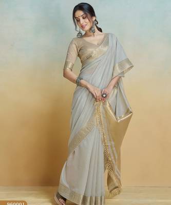 grey handloom khadi silk blend zari woven saree with blouse piece 3