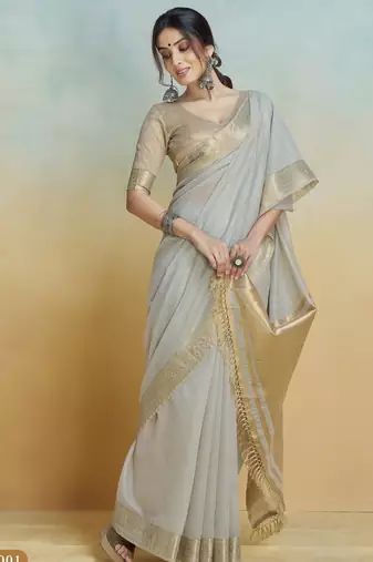 grey handloom khadi silk blend zari woven saree with blouse piece