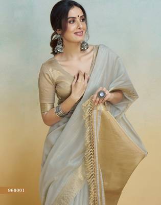 grey handloom khadi silk blend zari woven saree with blouse piece 4