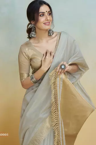 grey handloom khadi silk blend zari woven saree with blouse piece