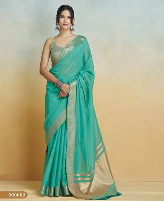 mint handloom khadi silk blend zari woven saree with blouse piece 1