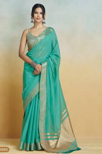 mint handloom khadi silk blend zari woven saree with blouse piece