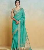 mint handloom khadi silk blend zari woven saree with blouse piece