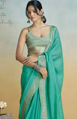 mint handloom khadi silk blend zari woven saree with blouse piece 2