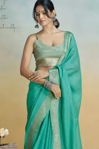 mint handloom khadi silk blend zari woven saree with blouse piece