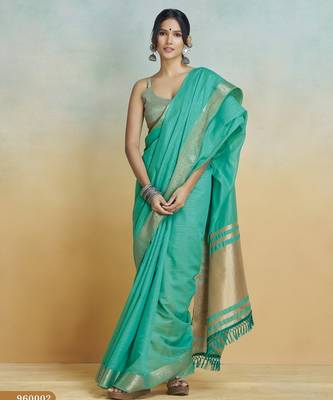 mint handloom khadi silk blend zari woven saree with blouse piece 3