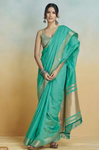 mint handloom khadi silk blend zari woven saree with blouse piece