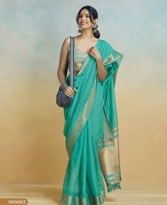 mint handloom khadi silk blend zari woven saree with blouse piece 4