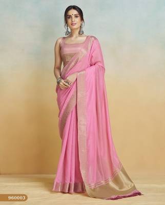 pink handloom khadi silk blend zari woven saree with blouse piece 1