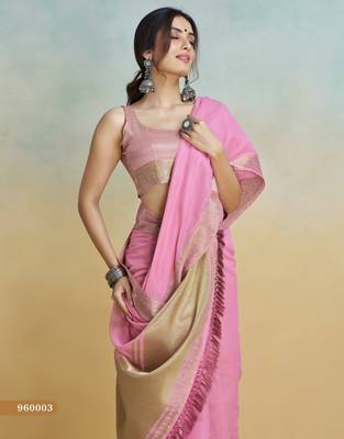 pink handloom khadi silk blend zari woven saree with blouse piece 2