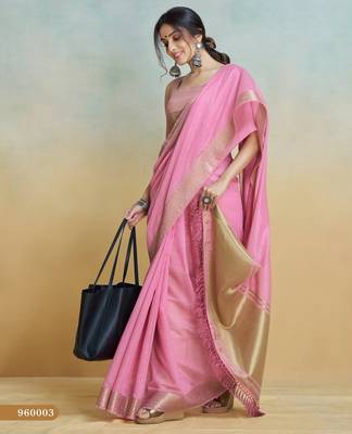 pink handloom khadi silk blend zari woven saree with blouse piece 3