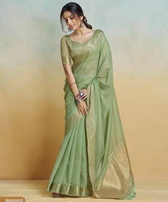 olive handloom khadi silk blend zari woven saree with blouse piece 1