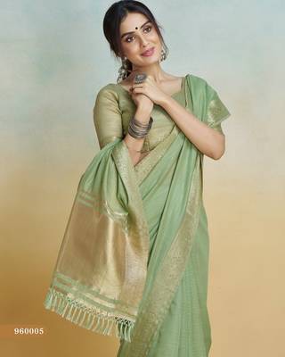 olive handloom khadi silk blend zari woven saree with blouse piece 2