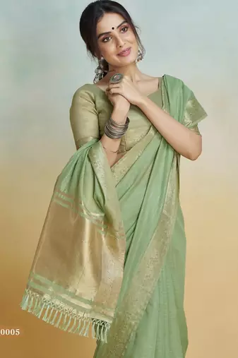 olive handloom khadi silk blend zari woven saree with blouse piece