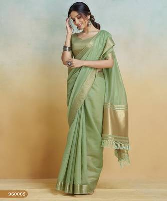 olive handloom khadi silk blend zari woven saree with blouse piece 3