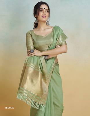 olive handloom khadi silk blend zari woven saree with blouse piece 4