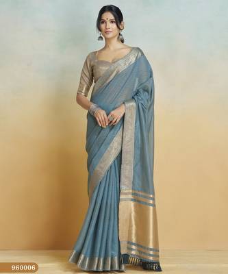 blue handloom khadi silk blend zari woven saree with blouse piece 1