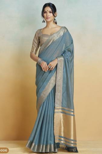 blue handloom khadi silk blend zari woven saree with blouse piece